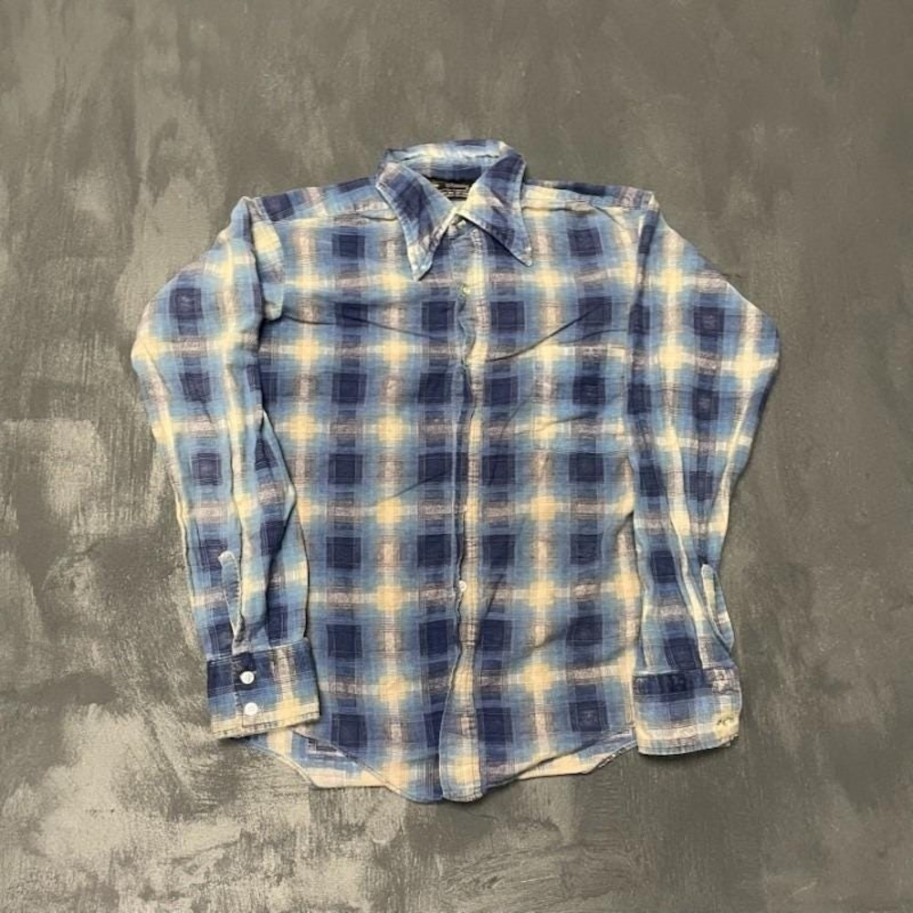 Vintage Plaid Button Up Shirt Men Medium Blue 1980s Fashion Classics